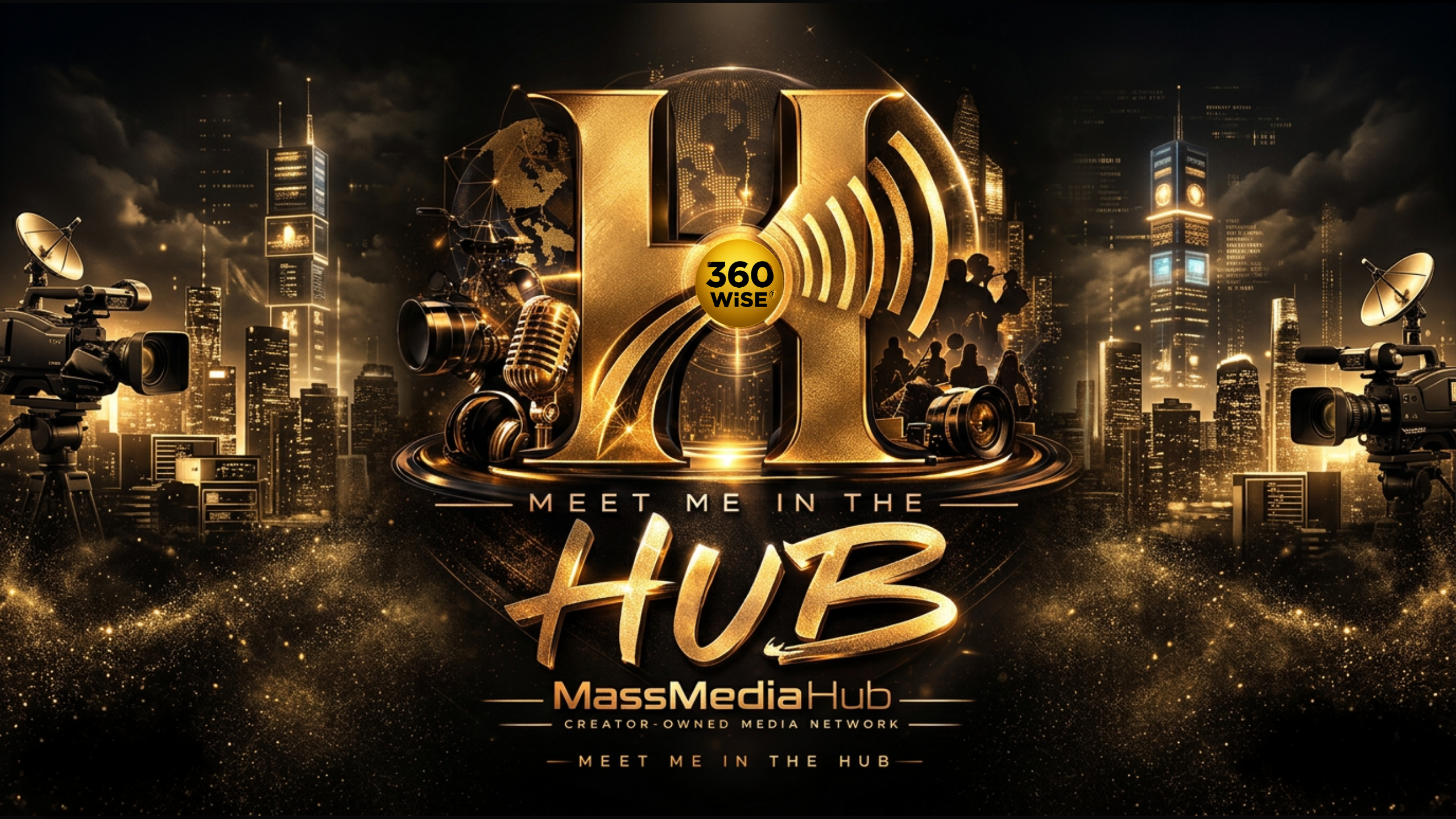 MassMediaHub — Meet Me In The Hub. The Hub 'H' centered on the 360WiSE® gold badge, surrounded by media production elements: vintage microphone, camera, headphones, satellite dishes, city skyline. Creator-Owned Media Network.